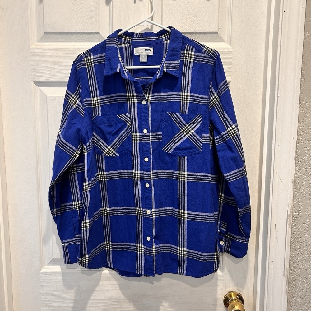 Old Navy Womens XL Blue Plaid Flannel Button Down Shirt Long Sleeve Cotton